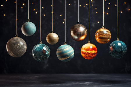 Christmas creative ball like planets solar system on dark black background. Greeting card with copy space. Xmas magic holiday.の素材