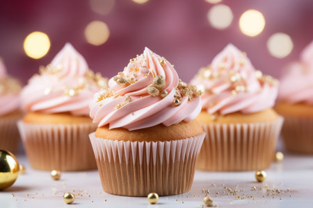 Christmas cupcake or muffin with pink whipped cream, golden sprinkles on pink bokeh background. Close up. Merry Christmas.の素材