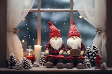 Christmas gnomes on windowsill . Scandinavian gnomes. New year greeting characterの素材