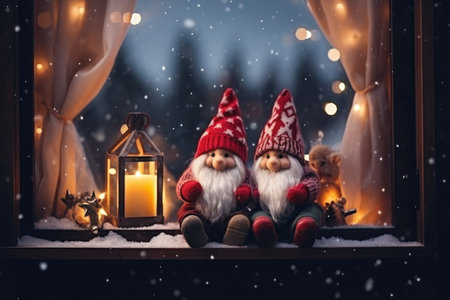 Christmas gnomes on windowsill . Scandinavian gnomes. New year greeting characterの素材