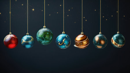 Christmas creative ball like planets solar sistem on dark black background. Greeting card with copy space. Xmas magic holiday.の素材