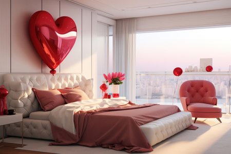 Valentines day decorations in bedroom with red heart and flowers. Creative festive romantic white interior.の素材