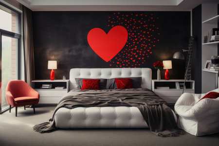 Valentines day decorations in bedroom with red heart and flowers red roses. Creative festive romantic dark interior.の素材