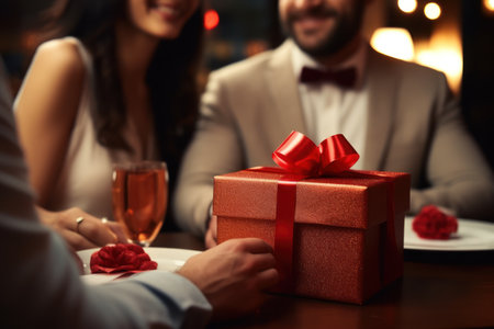 Valentines Day gift in mans hand for woman, romantic date in restaurant or cafe. Close up.の素材