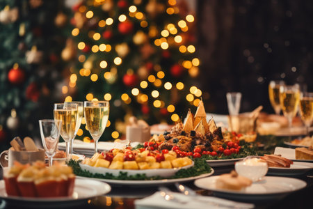 Christmas festive family dinner served different dishes and salads, many snacks, sparkling wine and glasses. New Years decor with Xmas tree on background.の素材