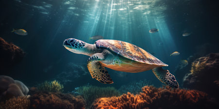 Sea turtle multicolored deep underwater is sunny rays. Ocean life, wildlife. Conservation species and populationの素材