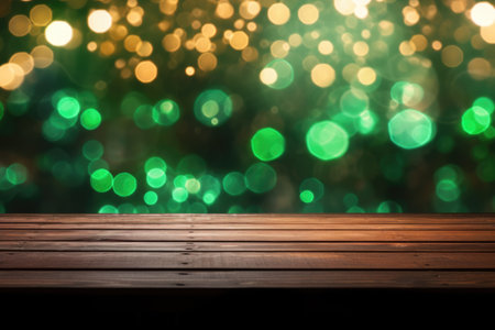 Patrick Day background with empty wooden table top and blurred green garland for design. Festive abstract pattern.の素材