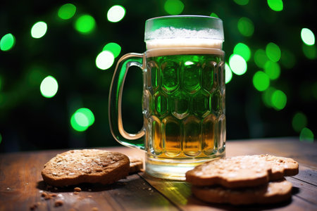 Patrick Day green beer and traditional cookies on wooden table top and blurred green background in pub. Festive beverage.の素材