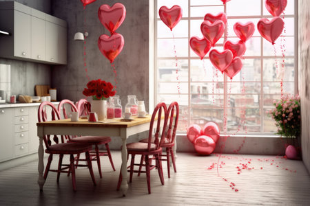 Valentines day decorations with red hearts in modern kitchen interior. Romantic dinner or date with red roses and sweets for two.の素材