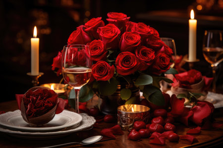 Valentines day celebrations and decorative table place setting with red roses and hearts . Romantic dinner at restaurant. Time together. Close up.の素材