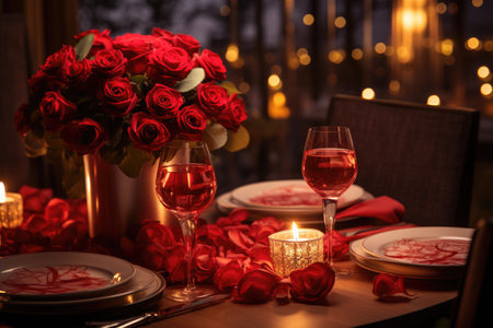 Valentines day celebrations and decorative table place setting with red roses and hearts . Romantic dinner at restaurant. Time together. Close up.の素材