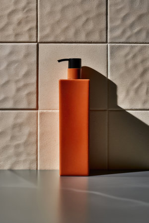 Creative composition with body lotion in orange cosmetic bottle on background with sunny shadow. Natural organic spa cosmetic beauty product, Front view, mock up.の素材