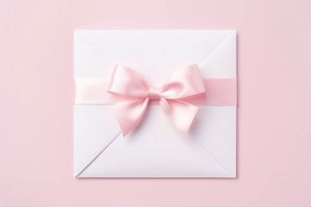 White envelope with pink ribbon isolated on light pink background. View from above. Gift card for newborn. Birthday. Valentines day.の素材