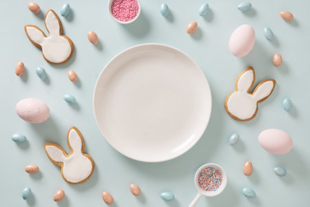 Homemade Easter bunnies shaped cookies and eggs on blue background. View from above. Festive food and snacks. Greeting card with space for text.の写真素材