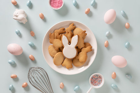 Easter homemade glazed bunnies shaped cookies, pink eggs in white plate on blue background. Greeting card with space for text. Top view. Festive food and snacks.の写真素材