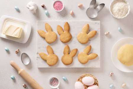 Preparation and cook Easter cookies, cookie cutters, raw dough on white background. View from above.の写真素材