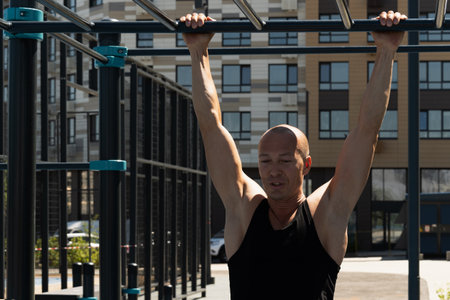 Athlete muscular fitness male pulling up on horizontal bar at street gym. Outdoors. Summer. Workout...