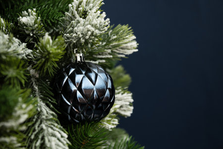 Christmas banner with blue balls and evergreen fir branches on dark blue background. Holiday time. Copy space. Close up.の写真素材
