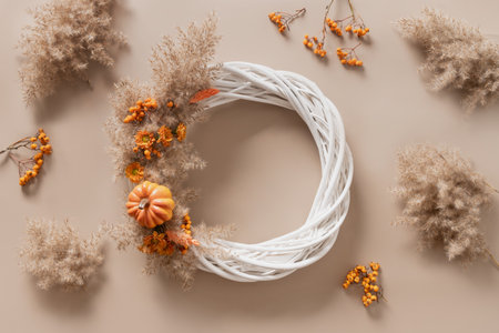 Wreath with orange flowers and dry natural materials on beige background. Top view. Workshop for handmade Thanksgiving day decoration.の写真素材