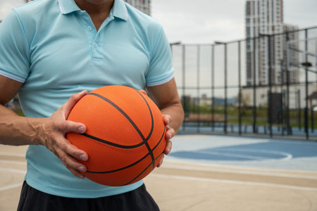 Basketball player, man holding orange ball on sports court. Basketball coach. Sports goals competition game, champion outdoor workout. Close up.の写真素材
