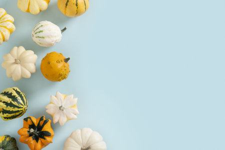 Autumn frame of colorful small decorative pumpkins on blue background. Harvest day concept. View from above. Thanksgiving Day. Copy space.の写真素材
