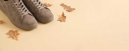 Autumn sale concept. Banner. New classic sports mens gray sneakers for cold fall season and dry oak...