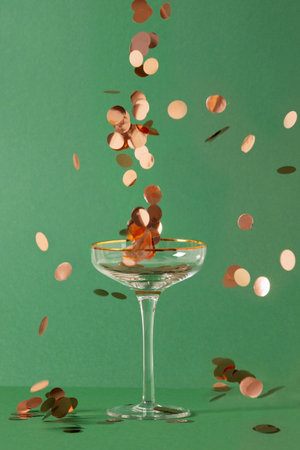 Christmas champagne glass with splash of golden confetti over green background. View from above. Xmas creative greeting card.の写真素材