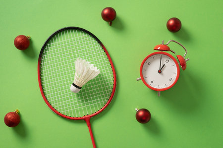 Christmas badminton concept with racket and white feather badminton shuttlecocks on green background. Copy space. Top view.の写真素材