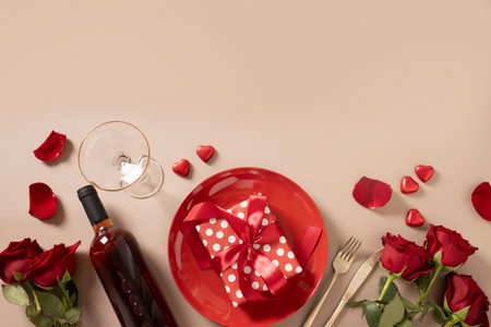 Valentines day border with red plate, chocolate sweets, romantic gift, wine and red roses on beige background. View from above.の写真素材