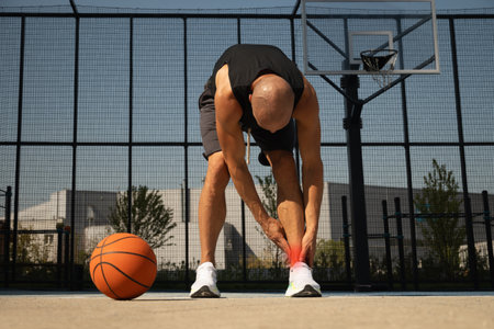 Basketball ankle injury or pain. Basketball player check legs after workout of sport stadium....