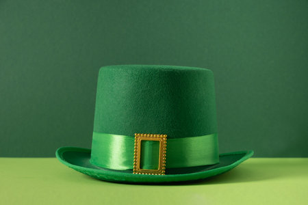 St Patricks day and March 17 concept with green parade Leprechaun Hat with belt and buckle on green background. Close up.の写真素材