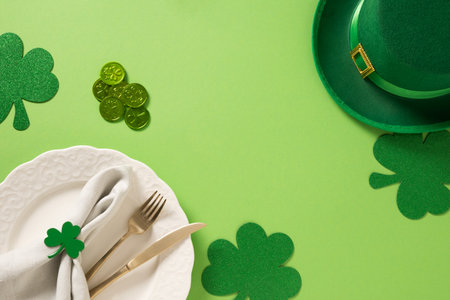 St Patricks Day festive table setting with white plate, leprechaun hat and clover leaves on green background. View from above. Copy space.の写真素材