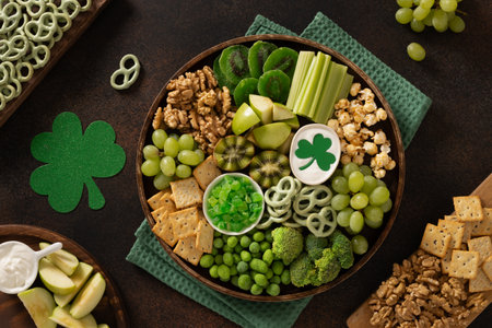 St Patricks day charcuterie board decorated shamrock and clover leaf on brown background. View from...