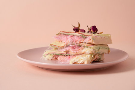Trendy delicate white, pink chocolate with layer of white and pink pismaniye on pink background....