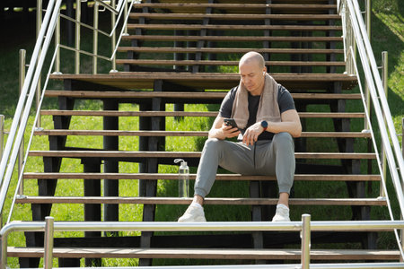 Athlete sitting on stairs and checking apps with health indicators, water balance after training....