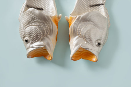Rubber slippers shaped of fish. Fishermen slippers for beach on blue background. Summer vacation. Creative funny flip flops. View from above.の写真素材