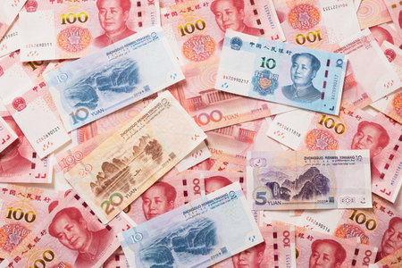 Many of different Chinese yuan banknotes. Chinese paper currency Yuan renminbi banknotes. Money backgroundの写真素材