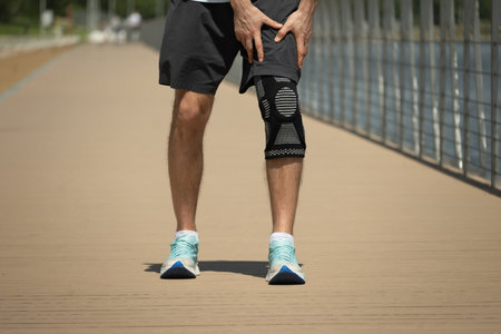 Athlete experiencing knee discomfort holds leg while wearing supportive brace. Dressed in casual athletic attire and sneakers, attempting to manage pain during outdoor activity.の写真素材