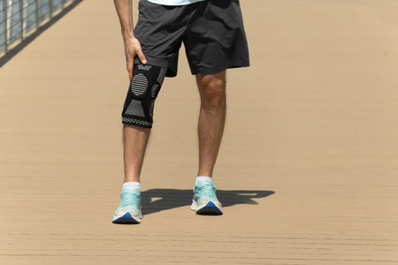 Man putting knee brace to support painful leg. Athlete bodybuilder leg wearing knee support brace or elastic kneecap bandage. Sleeve for compression. Outdoors.の写真素材