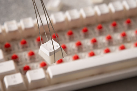 Replacement keycaps and switches of mechanical computer keyboard. Customization and build keyboard with different keycaps. Close upの写真素材
