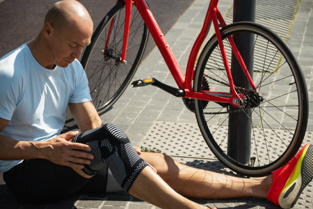 Cyclist fell off his bike and injured his knee. Unhappy cyclist with knee pain and injury outdoors. Close up.の写真素材