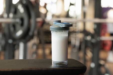 Protein shake cup resting on gym bench. Fitness enthusiasm and post-workout routine. Healthy...