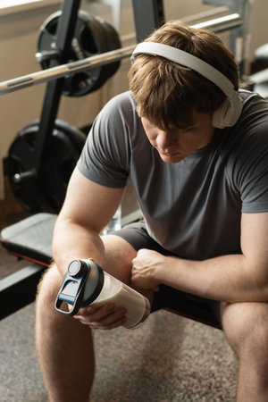 Athlete sitting with protein shaker at gym. Bodybuilder during strength training. Fitness healthy lifestyle concept. Supplement productの写真素材