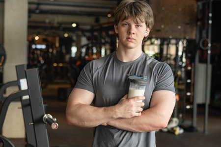 Portrait of sporty caucasian healthy fitness man with protein shake. Athlete and professional trainer with sports nutrition beverage while working out. Health care and workout.の写真素材