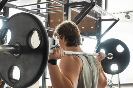 Young caucasian man or bodybuilder exercising with barbell at fitness center. Cross training. Male...