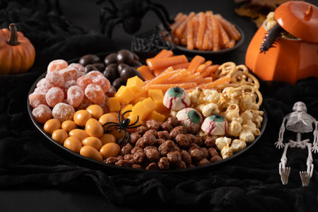 Halloween sweet charcuterie board with pumpkin, popcorn, orange chocolate candy, spider, crackers on...