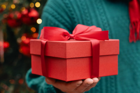 Christmas red gift box with red bow in man hand against Christmas tree. Xmas giving and shopping....