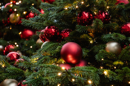 Christmas tree decorated red balls and lights garland. Xmas holiday spirit. Winter. Outdoors.