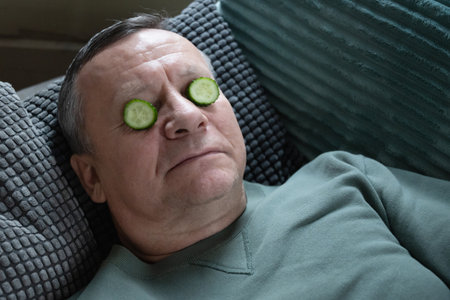 Resting caucasian man lying on sofa with cucumber slices on eyes, practicing simple home skincare...