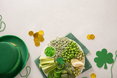 Assorted green snacks with fruits, vegetables and shamrock decor for St Patricks Day festive celebration.の写真素材